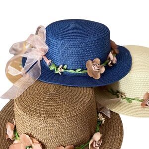 Navy Blue Round Crown Floral Lace Band Portable Straw Sun Hat NEW